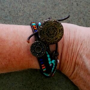 Leather and seed bead double bracelet
